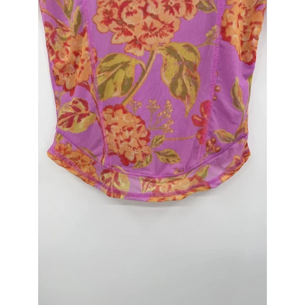 Free People Top Floral Mesh Long Sleeve Pink Orange Sheer Stretch S Fairy Boho